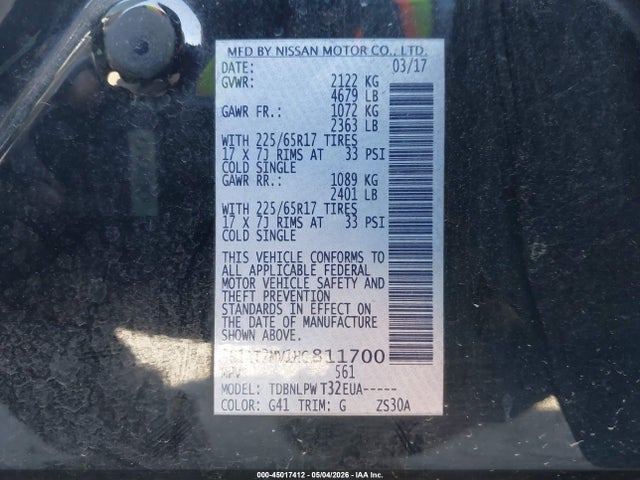 Aukcja sprzedaży 2017 Nissan Rogue S, vin: 5N1AT2MV1HC811700, numer aukcji: 45017412