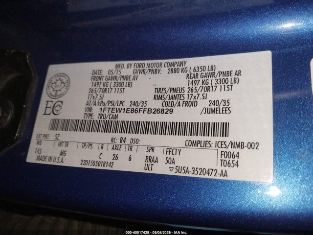 Aukcja sprzedaży 2015 Ford F-150 Xlt, vin: 1FTEW1E86FFB26829, numer aukcji: 45017428
