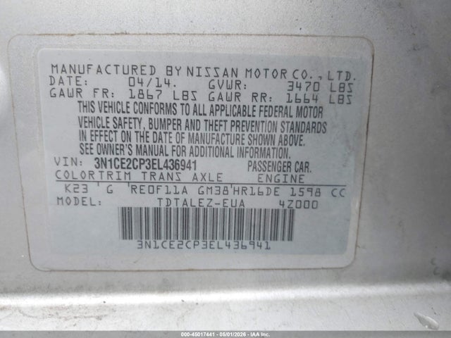 45017441 :رقم المزاد ، 3N1CE2CP3EL436941 vin ، 2014 Nissan Versa Note Sv مزاد بيع