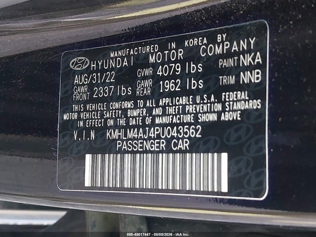 Aukcja sprzedaży 2023 Hyundai Elantra Hybrid Blue, vin: KMHLM4AJ4PU043562, numer aukcji: 45017447
