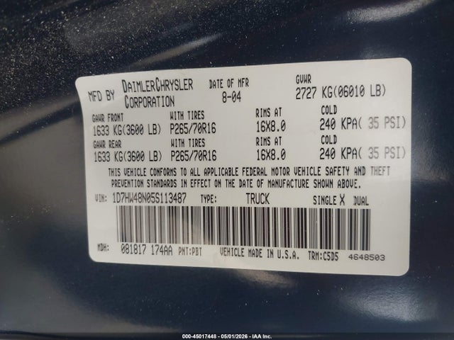 2005 Dodge Dakota Slt მანქანა იყიდება აუქციონზე, vin: 1D7HW48N05S113487, აუქციონის ნომერი: 45017448