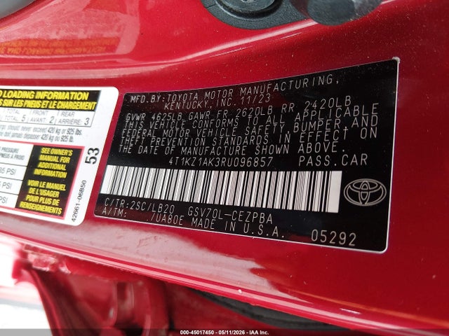 Aukcja sprzedaży 2024 Toyota Camry Xse V6, vin: 4T1KZ1AK3RU096857, numer aukcji: 45017450