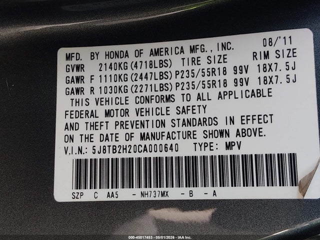 Aukcja sprzedaży 2012 Acura Rdx, vin: 5J8TB2H20CA000640, numer aukcji: 45017453