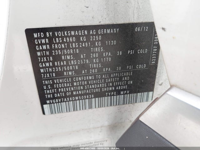 Aukcja sprzedaży 2013 Volkswagen Tiguan S/se/sel, vin: WVGBV7AX6DW509636, numer aukcji: 45017455