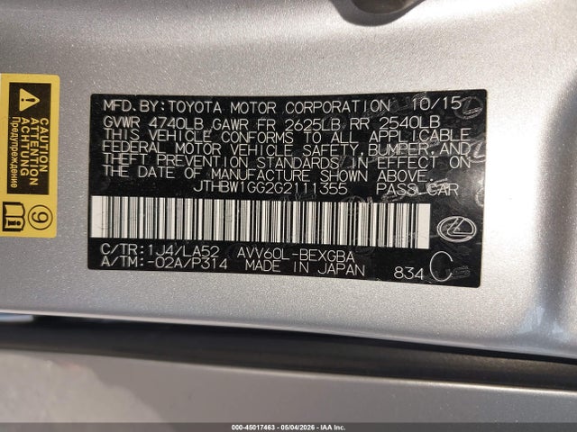 Продажа на аукционе авто 2016 Lexus Es 300h, vin: JTHBW1GG2G2111355, номер лота: 45017463