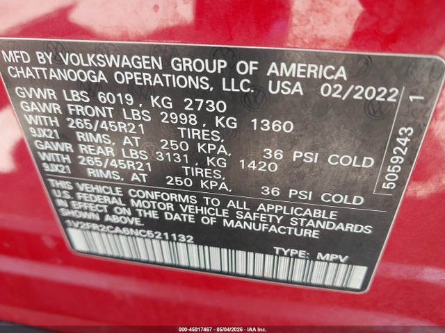 Aukcja sprzedaży 2022 Volkswagen Atlas 3.6l V6 Sel Premium R-line, vin: 1V2FR2CA6NC521132, numer aukcji: 45017467