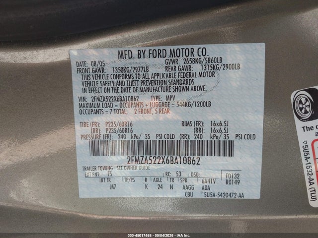 45017468 :رقم المزاد ، 2FMZA522X6BA10862 vin ، 2006 Ford Freestar Sel مزاد بيع