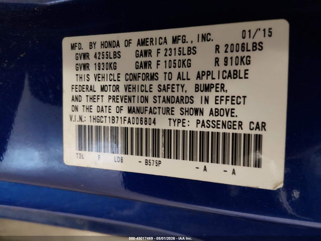 Продажа на аукционе авто 2015 Honda Accord Ex, vin: 1HGCT1B71FA006804, номер лота: 45017469