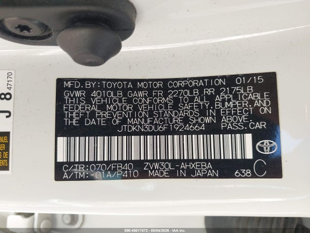 Aukcja sprzedaży 2015 Toyota Prius Three, vin: JTDKN3DU6F1924664, numer aukcji: 45017472