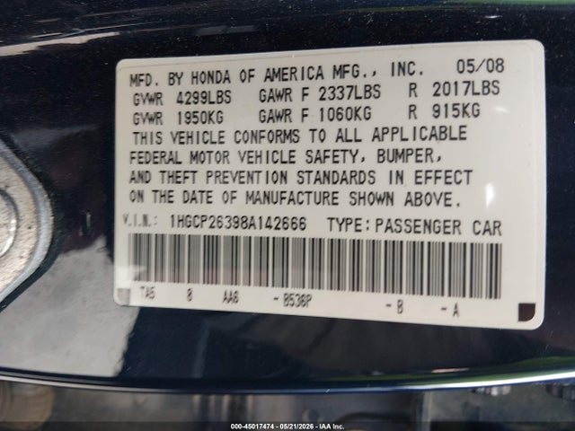 Продажа на аукционе авто 2008 Honda Accord 2.4 Lx, vin: 1HGCP26398A142666, номер лота: 45017474