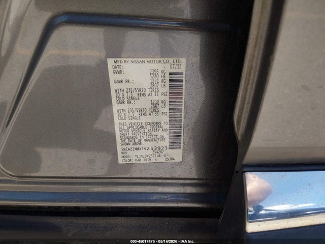45017475 :رقم المزاد ، 5N1AZ2MHXFN253923 vin ، 2015 Nissan Murano Platinum مزاد بيع