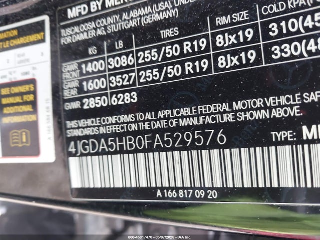 45017478 :رقم المزاد ، 4JGDA5HB0FA529576 vin ، 2015 Mercedes-benz Ml 350 4matic مزاد بيع