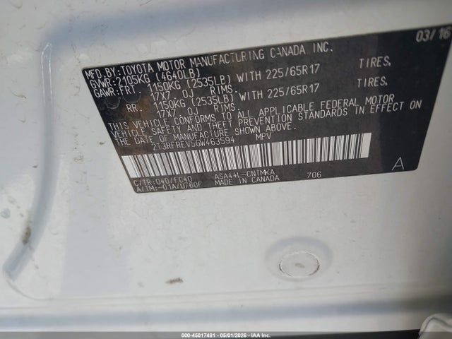 2016 Toyota Rav4 Xle მანქანა იყიდება აუქციონზე, vin: 2T3RFREV5GW463594, აუქციონის ნომერი: 45017481