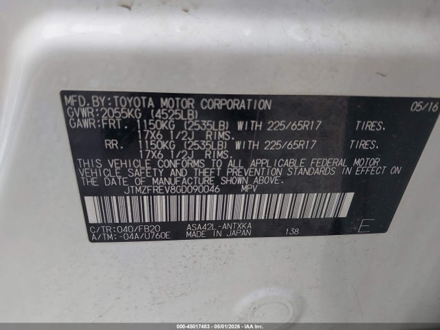 Продажа на аукционе авто 2016 Toyota Rav4 Le, vin: JTMZFREV8GD090046, номер лота: 45017483