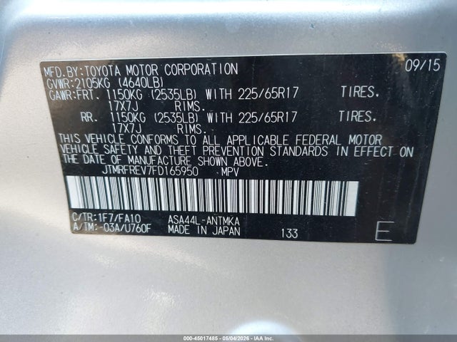 45017485 :رقم المزاد ، JTMRFREV7FD165950 vin ، 2015 Toyota Rav4 Xle مزاد بيع