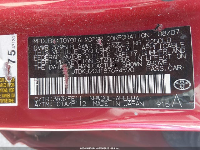 Aukcja sprzedaży 2008 Toyota Prius, vin: JTDKB20U187694590, numer aukcji: 45017494