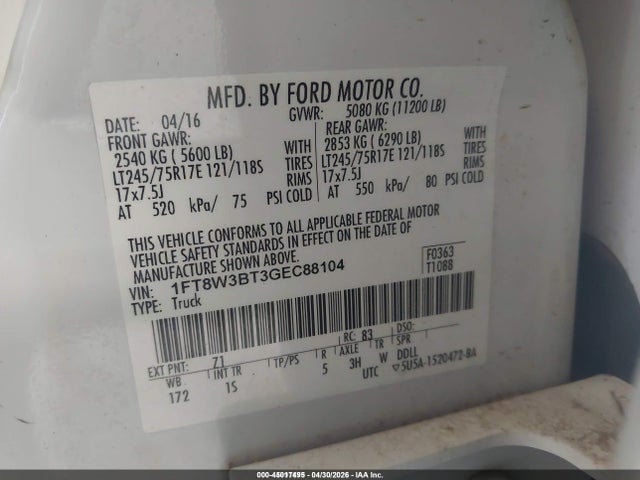 45017495 :رقم المزاد ، 1FT8W3BT3GEC88104 vin ، 2016 Ford F-350 Xl مزاد بيع