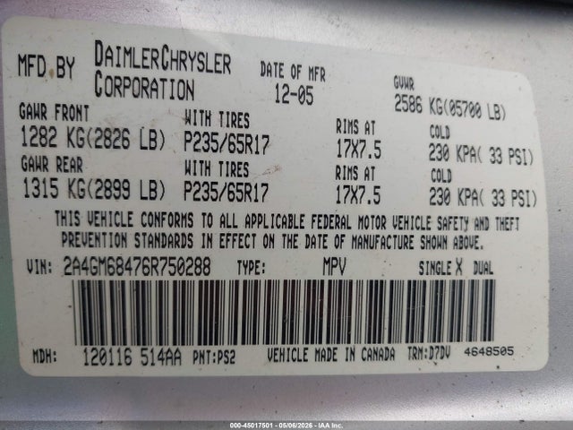 45017501 :رقم المزاد ، 2A4GM68476R750288 vin ، 2006 Chrysler Pacifica Touring مزاد بيع