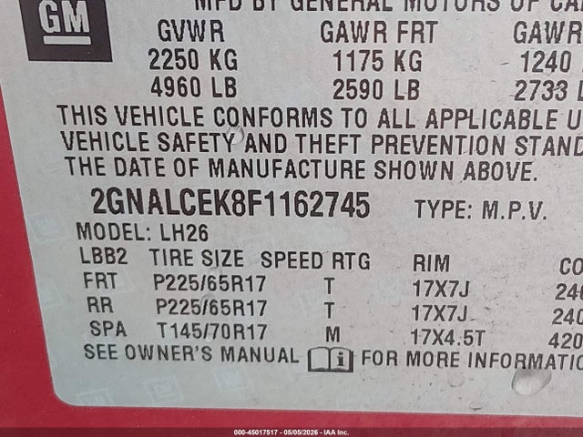 45017517 :رقم المزاد ، 2GNALCEK8F1162745 vin ، 2015 Chevrolet Equinox 2lt مزاد بيع