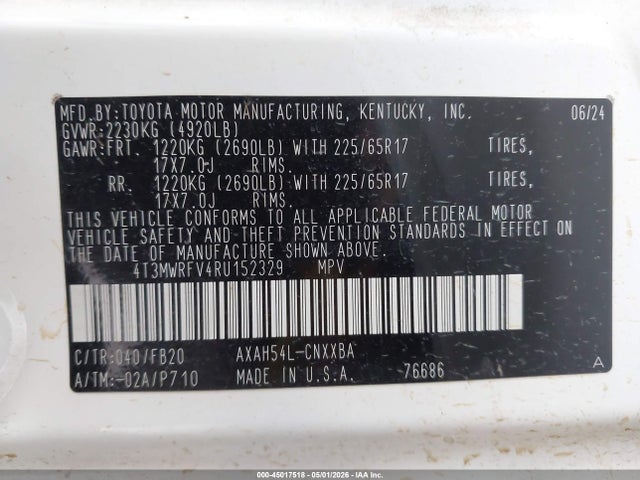 Aukcja sprzedaży 2024 Toyota Rav4 Hybrid Le, vin: 4T3MWRFV4RU152329, numer aukcji: 45017518