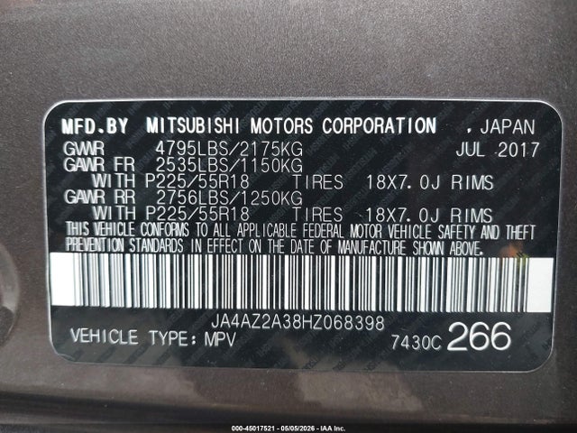 Продажа на аукционе авто 2017 Mitsubishi Outlander Es, vin: JA4AZ2A38HZ068398, номер лота: 45017521