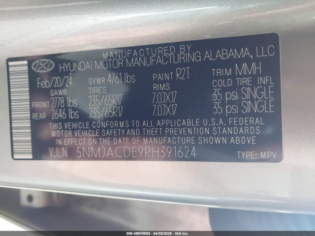 2024 Hyundai Tucson Se მანქანა იყიდება აუქციონზე, vin: 5NMJACDE9RH391624, აუქციონის ნომერი: 45017532