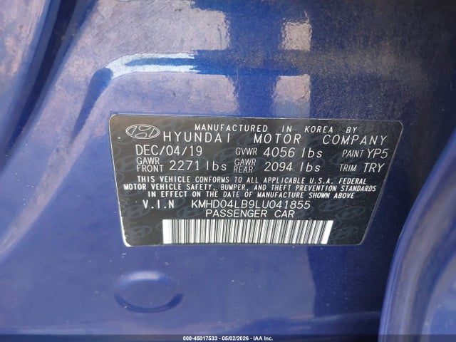 Aukcja sprzedaży 2020 Hyundai Elantra Sport, vin: KMHD04LB9LU041855, numer aukcji: 45017533