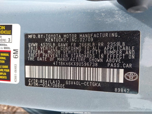 Продажа на аукционе авто 2009 Toyota Camry Xle V6, vin: 4T1BK46KX9U596738, номер лота: 45017534