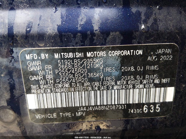 45017535 :رقم المزاد ، JA4J4VA88NZ087931 vin ، 2022 Mitsubishi Outlander Sel 2.5 S-awc/sel Launch Edition S-awc/sel Special Edition S-awc مزاد بيع