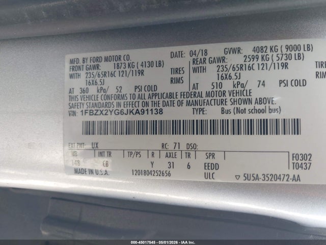 Ford Transit-350 Xlt 2018 1FBZX2YG6JKA91138 Image 9