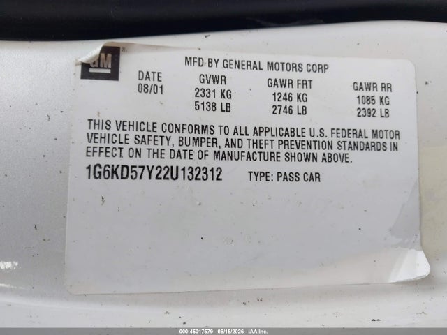 45017579 :رقم المزاد ، 1G6KD57Y22U132312 vin ، 2002 Cadillac Deville Standard مزاد بيع