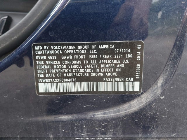 2015 Volkswagen Passat 1.8t Se მანქანა იყიდება აუქციონზე, vin: 1VWBS7A3XFC004078, აუქციონის ნომერი: 45017582
