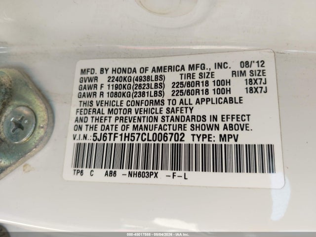 2012 Honda Crosstour Ex-l მანქანა იყიდება აუქციონზე, vin: 5J6TF1H57CL006702, აუქციონის ნომერი: 45017588