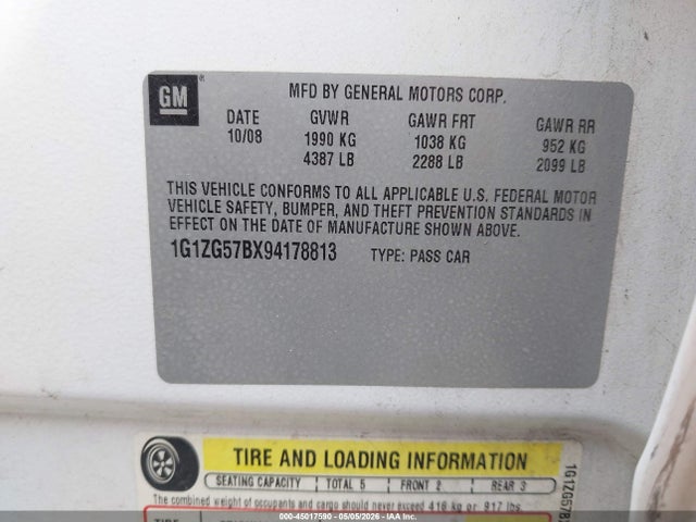 Aukcja sprzedaży 2009 Chevrolet Malibu Ls, vin: 1G1ZG57BX94178813, numer aukcji: 45017590