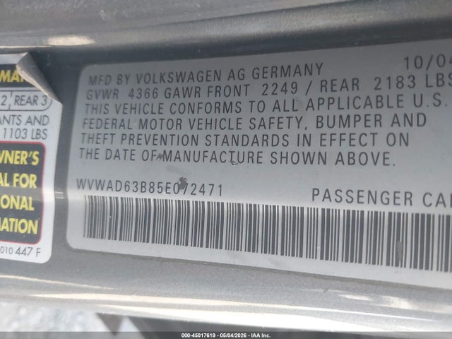 2005 Volkswagen Passat Gls 1.8t მანქანა იყიდება აუქციონზე, vin: WVWAD63B85E072471, აუქციონის ნომერი: 45017619