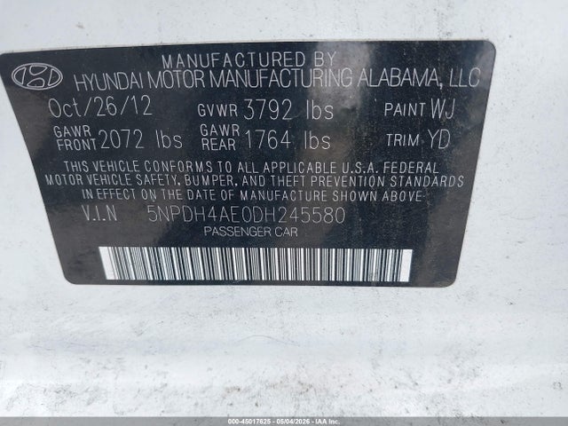 Продаж на аукціоні авто 2013 Hyundai Elantra Limited, vin: 5NPDH4AE0DH245580, номер лоту: 45017625