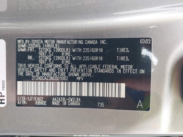 45017626 :رقم المزاد ، 2T2ADCAZ3NC001062 vin ، 2022 Lexus Nx 250 مزاد بيع
