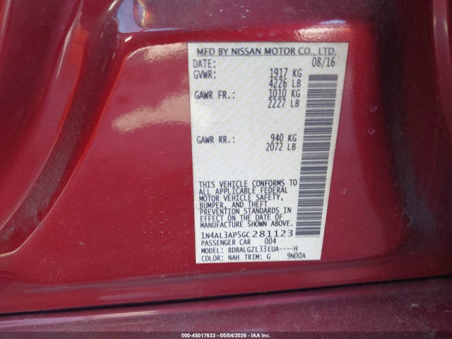 Aukcja sprzedaży 2016 Nissan Altima 2.5 S, vin: 1N4AL3AP5GC281123, numer aukcji: 45017633