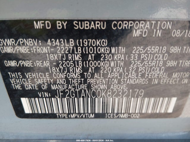 Продаж на аукціоні авто 2019 Subaru Crosstrek 2.0i Limited, vin: JF2GTANC0K8232179, номер лоту: 45017636