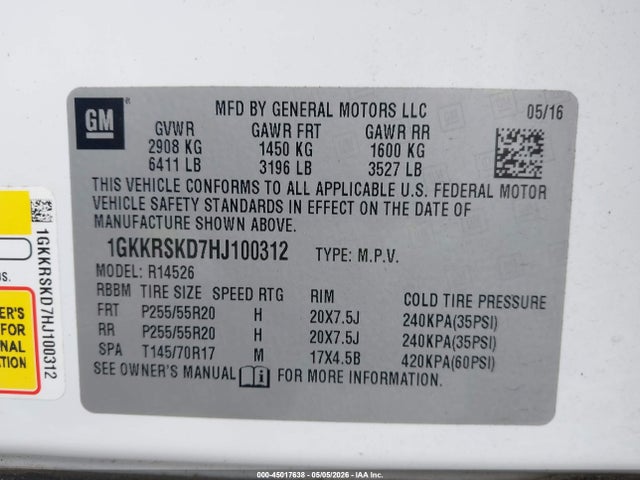 Продаж на аукціоні авто 2017 Gmc Acadia Limited, vin: 1GKKRSKD7HJ100312, номер лоту: 45017638