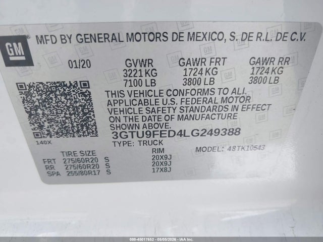 45017652 :رقم المزاد ، 3GTU9FED4LG249388 vin ، 2020 Gmc Sierra 1500 4wd  Short Box Denali مزاد بيع
