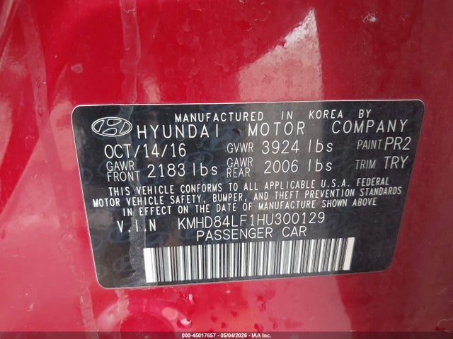 Продаж на аукціоні авто 2017 Hyundai Elantra Value Edition, vin: KMHD84LF1HU300129, номер лоту: 45017657