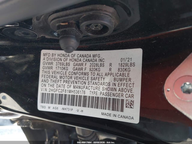 Продаж на аукціоні авто 2021 Honda Civic Sport, vin: 2HGFC2F81MH536176, номер лоту: 45017664