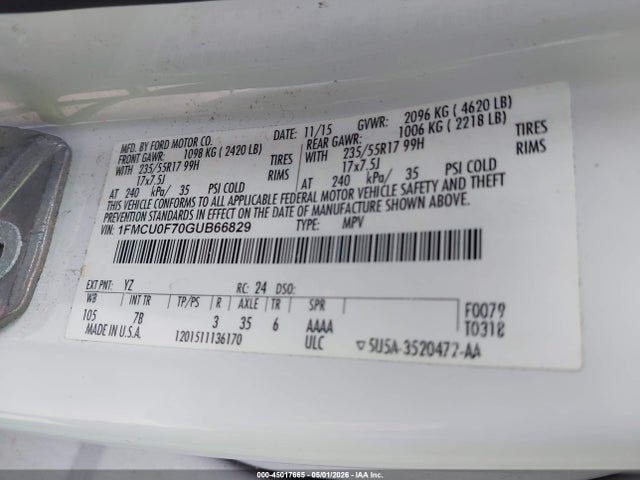 45017665 :رقم المزاد ، 1FMCU0F70GUB66829 vin ، 2016 Ford Escape S مزاد بيع