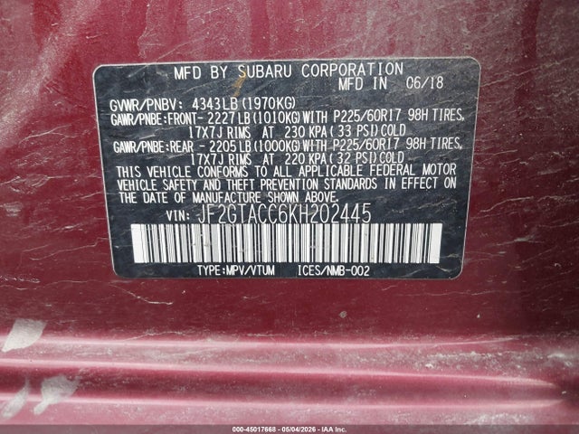 Продажа на аукционе авто 2019 Subaru Crosstrek 2.0i Premium, vin: JF2GTACC6KH202445, номер лота: 45017668