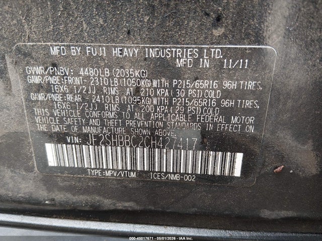 45017671 :رقم المزاد ، JF2SHBBC2CH427417 vin ، 2012 Subaru Forester 2.5x مزاد بيع