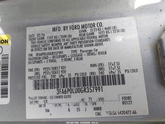 Aukcja sprzedaży 2016 Ford Fusion Hybrid Se, vin: 3FA6P0LU0GR357991, numer aukcji: 45017685