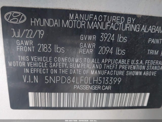 Продаж на аукціоні авто 2020 Hyundai Elantra Sel, vin: 5NPD84LF0LH513399, номер лоту: 45017686
