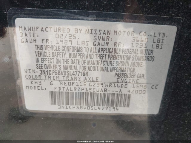 Aukcja sprzedaży 2025 Nissan Kicks Play S, vin: 3N1CP5BV0SL477194, numer aukcji: 45017687
