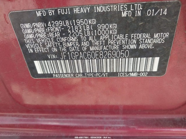 2014 Subaru Impreza 2.0i Premium მანქანა იყიდება აუქციონზე, vin: JF1GPAC60E8269050, აუქციონის ნომერი: 45017691